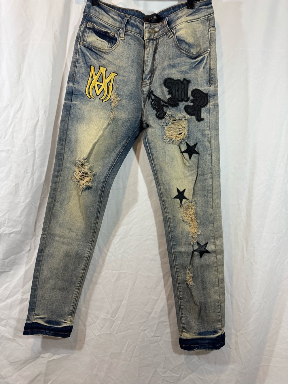 AMIRI Light Blue Distressed Skinny Jeans with Embroidered Patches 30
